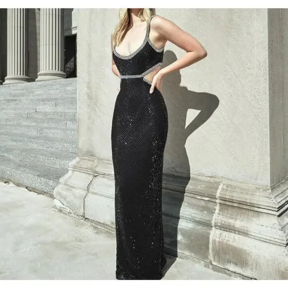 Mac Duggal Beaded Open Back Cut- Out Back Slit Gown Prom Dress Black Size 6 NWT